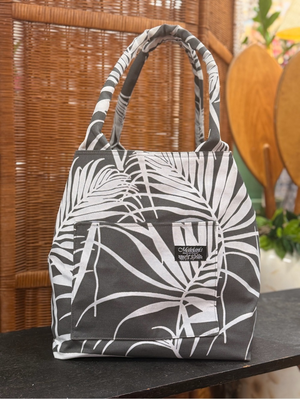 Mailelani Made on Kauai Grey & White Palm Print Tote Bag